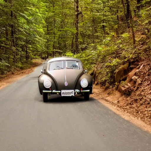 Image similar to promotional scifi - mystery movie scene of a ( volkswagen beatle ) and ladybug hybrid that's more ladybug. racing down a dusty back - road in smokey mountains tennessee. cinematic, 4 k, imax, 7 0 mm, hdr