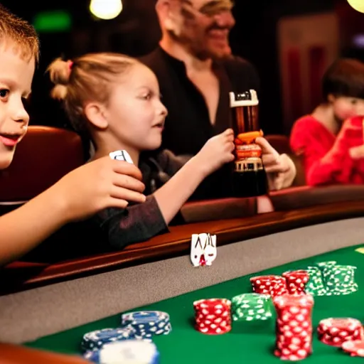 Prompt: children drinking beer at a poker table