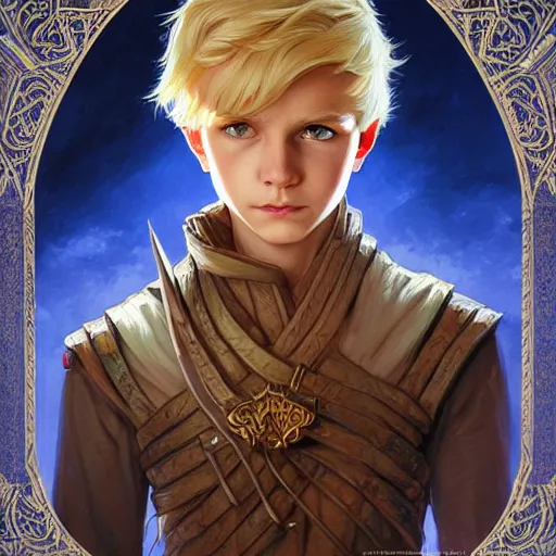 Prompt: an epic fantasy comic book style portrait painting of a young blonde boy thief, d & d, fantasy, intricate, elegant, highly detailed, digital painting, artstation, concept art, matte, sharp focus, illustration, art by artgerm and greg rutkowski and alphonse mucha