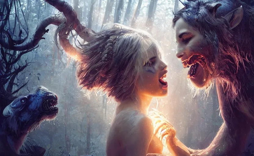 Image similar to tigers eating a succubus in an ancient bioluminescent forest, ana de armas, flawless symmetrical pretty cute face kissing ecstacy, greg rutkowski, 8 k, shallow depth of field, intricate detail, concept art,