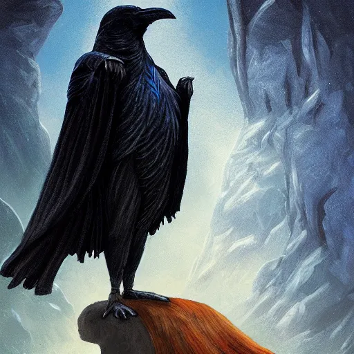 Image similar to Meneldas the Magnificent, a proud wizard with a raven familiar, 8k resolution, full-length portrait, digital painting, fantasy illustration by Brom, D&D Dark Sun character art