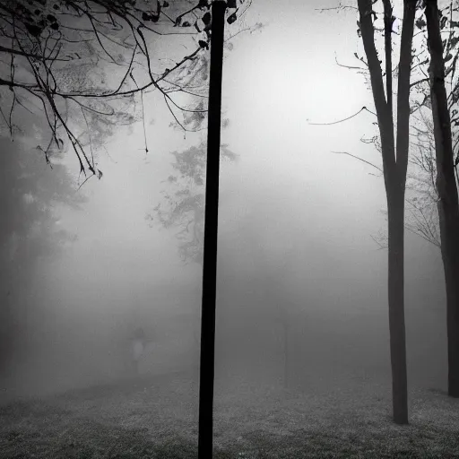 Prompt: a spooky haunted playground from the 1930's, back lit at night, volumetric lighting, mist, fog