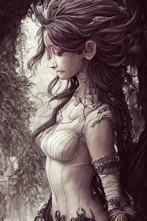 Prompt: alluring highly-detailed pen and ink illustration portrait of an attractive young elf woman (played by Irine Meier ), clothed in a chesty fantasy outfit, intricate, elegant, highly detailed, digital painting, trending on Artstation, concept art, smooth, sharp focus, illustration, in the style of artgerm and greg rutkowski and alphonse mucha