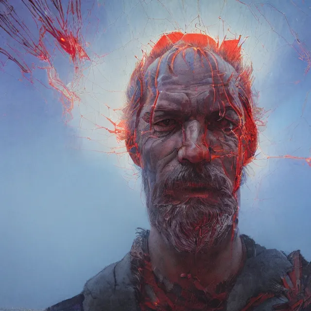 Prompt: symmetry closeup portrait of a man druid, shattered glass, cinematic light, backlight, red sky blue, misty, by mikhail vrubel, by philippe druillet, by peter elson, by gerald brom, muted colors, ( ( extreme detail ) ), trending on artstation, 8 k