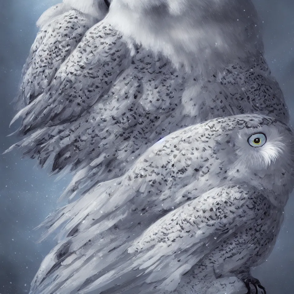 Prompt: painting of beautiful snowy owl, fantasy, hyperdetailed, intricate, by charlie bowater and alena aenemi, studio ghibli, 8k, octane render, trending on artstation