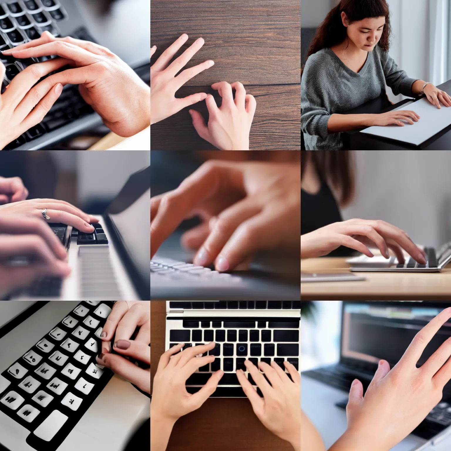 Prompt: a woman typing too fast that hands appear motion blur