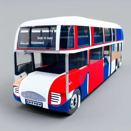 Image similar to illustration of the future of public transport in britain. a london bus made of shiny blocks. futuristic. on a white surface. 3 d rendering. 8 0 mm photography. high quality. shiny sparks.