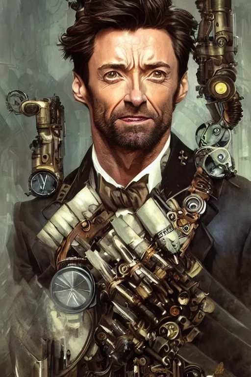 Image similar to hugh jackman as a steampunk cyborg, portrait, western, steampunk, duster, fantasy, intricate, elegant, highly detailed, digital painting, artstation, concept art, sharp focus, illustration, art by artgerm and greg rutkowski and alphonse mucha