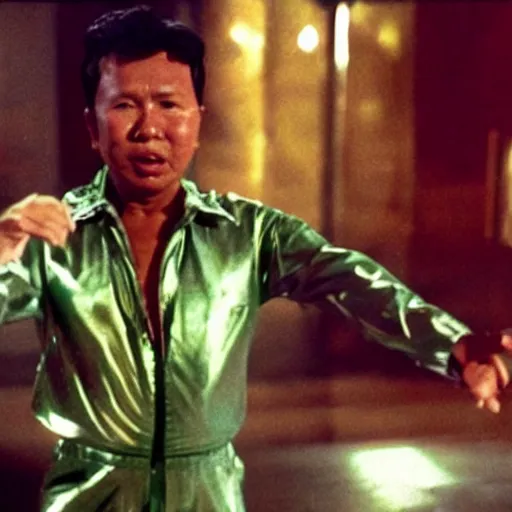 Image similar to A movie still of Pol Pot wearing a disco suit in Satuday Night Fever