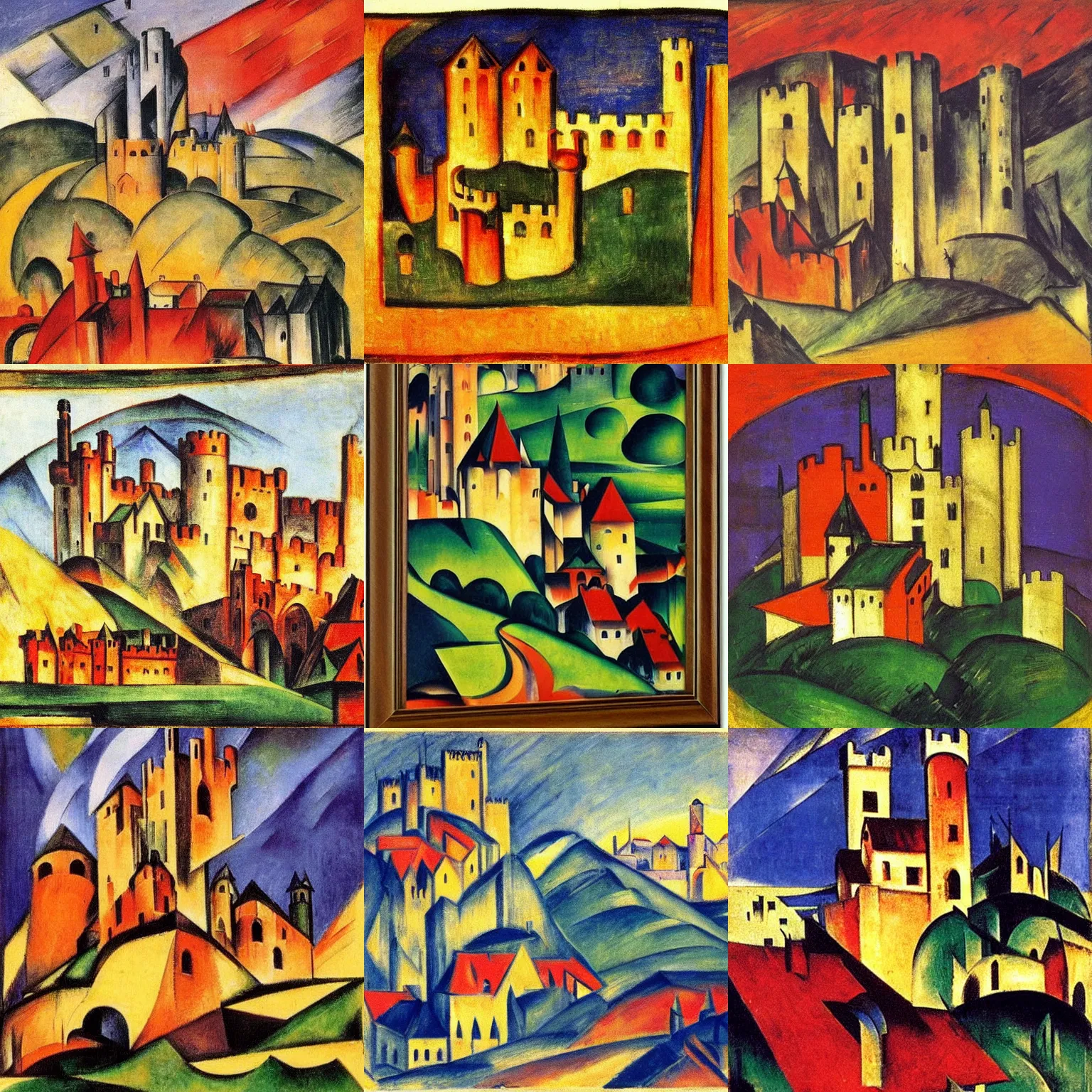 Prompt: medieval castle, by Franz Marc