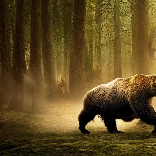 Image similar to a bear fighting a bull, magical forest, fantasy, Ireland, England, king Arthur, Lord of the rings, cinematic, realistic style, beautiful, majestic, dramatic lighting, early morning, dawn CGsociety, realistic, hyper maximalist, golden ratio, octane render, rule of thirds, wide shot , 8k resolution, epic volumetric light, cinematography, concept art, Artstation trending, environments, fantasy