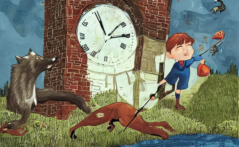 Image similar to a boy fighting a wolf on the edge of a clocktower, storybook, gouache, flat, print