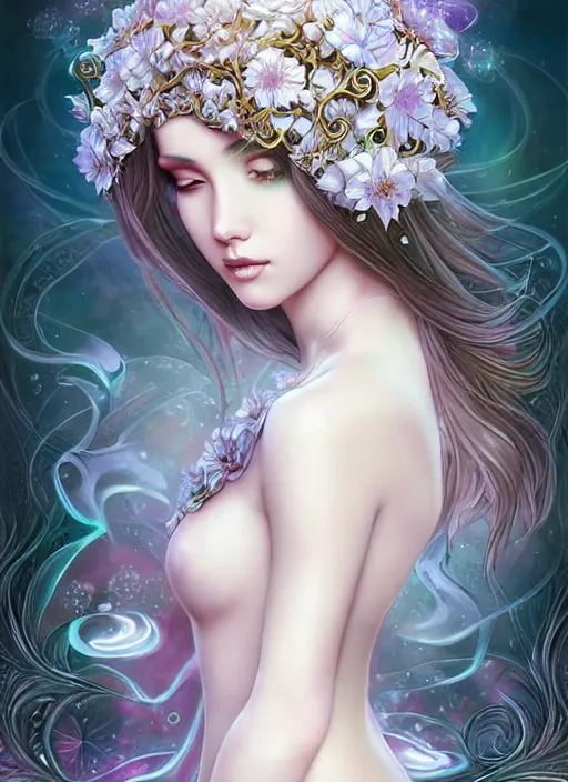 Image similar to seductive ethereal white north pole girl portrait art nouveau fantasy intricate flower designs elegant highly detailed sharp focus art by artgerm pours the water into the river soul care nature peace galaxies female black fine line fractal glow