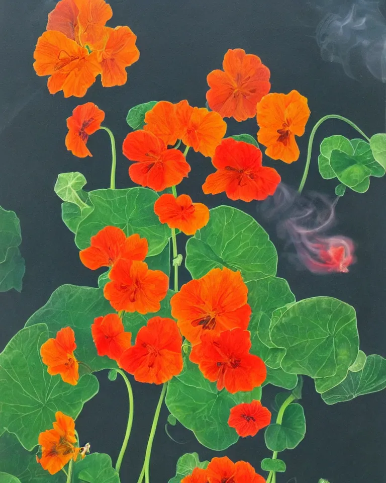 Prompt: fine painting of nasturtium and colourful smoke and dark flames.