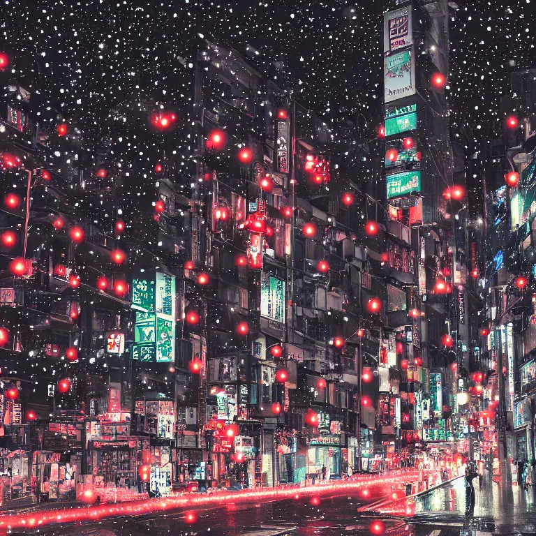 Prompt: illustration of tokyo with many lights and lens flares, snowy winter christmas night