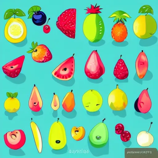 Image similar to a set of kawaii fruits isolated on white background, stylized, cartoon, cute, vector graphics, trending on pinterest, featured on artsation, high quality,