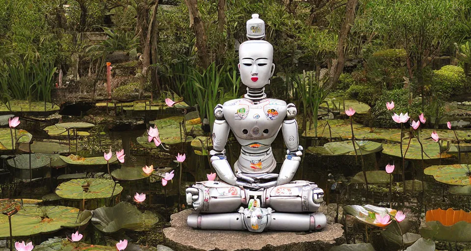 Prompt: a 1 0 0 0 armed quan yin robot sitting in prayer in the lotus garden, digital art h 9 6 0