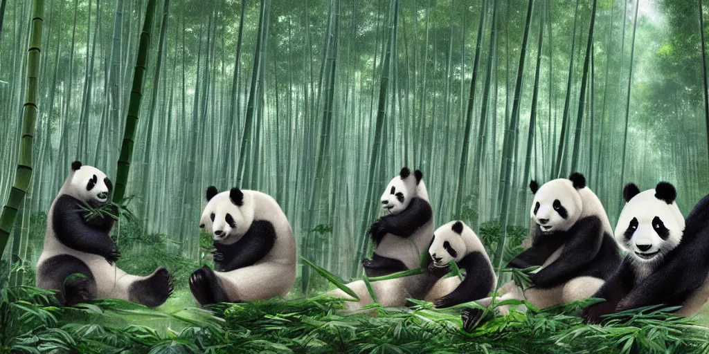 Prompt: a group of pandas doing research and scientific experiments on a spaceship crash site in a bamboo forest at daytime, matte painting, trending on artstation