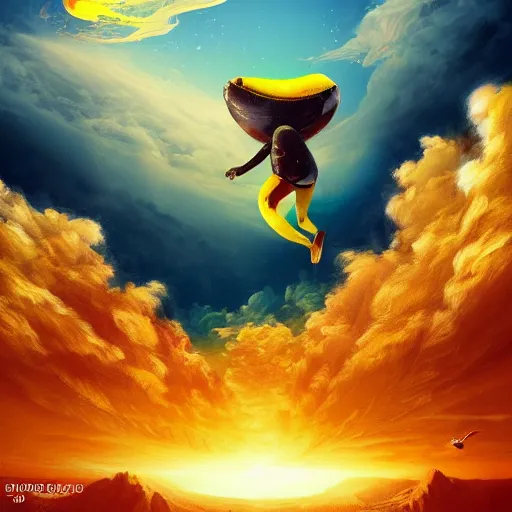 Image similar to a stunning wide angle view a banana jumping from a cliff into space, highly detailed clouds, artistic composition, sharp focus, intricate concept art, digital painting, colorful flat surreal design, hd, 8 k, artstation, ambient lighting