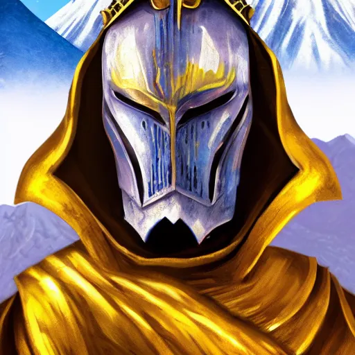 Image similar to realistic portrait of a pale yellow knight in front of mount kilimanjaro, gothic style, festive colors, digital art, trending on artstation, high quality, extreme detail, high quality, hyperdetailed