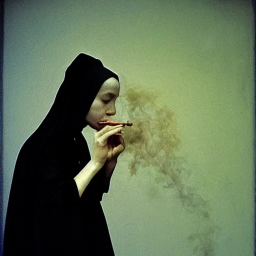 Image similar to a young black nun smoking and puffing lots of smoke, minimalistic background, by Beksinski