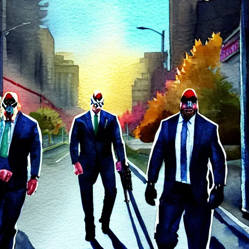 Image similar to A watercolor painting of Dallas from Payday 2, Jerma, JC Denton and Dwayne The Rock Johnson walking down a road. The sun is rising in the back, trending on artstation, very detailed