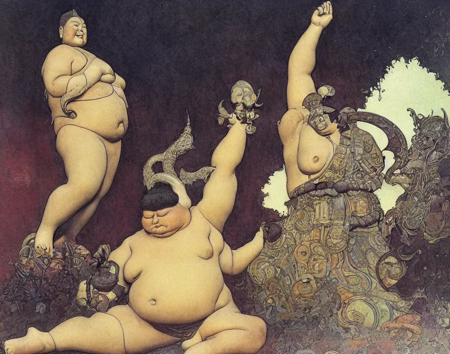 Prompt: a fat buddha stands triumphant over a slain monster, normal rockwell, frank frazetta, mucha bouguereau