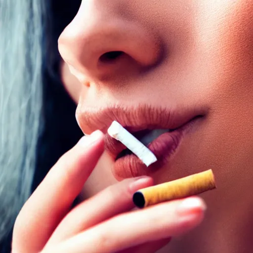 Prompt: Close-up of woman's hand holding cigarette, realistic photo, soft boken