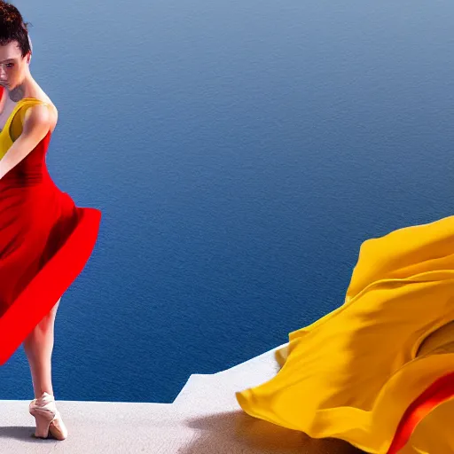 Prompt: beautiful contemporary dancer wearing a red, yellow, blue swirling dress, standing on a Santorini terrace looking down into the ocean, trending on artstation, cinematic, photorealistic