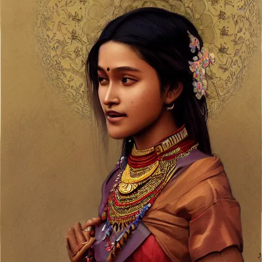 Prompt: A young nepalese woman wearing a nepalese outfit, very detailed face, gorgeous, beautiful, intricate, highly detailed, digital painting, artstation, concept art, sharp focus, illustration, art by greg rutkowski and alphonse mucha