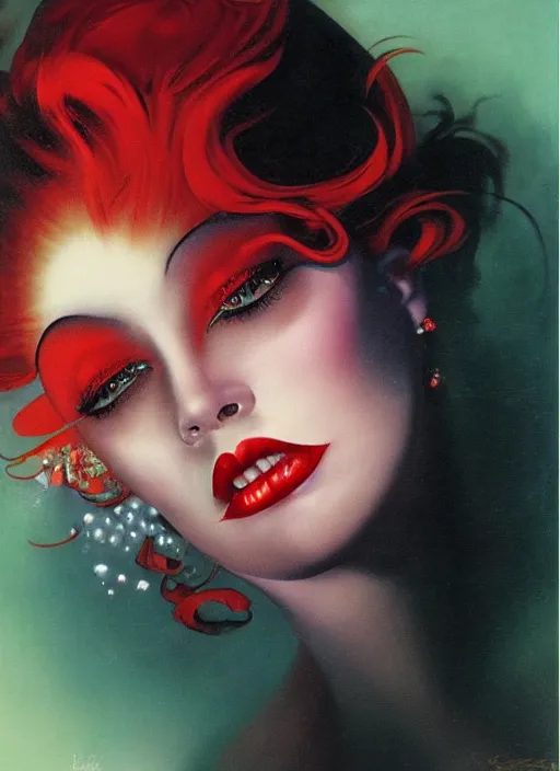 Image similar to an 8 0 s portrait of a woman with dark eye - shadow and red lips with dark slicked back hair dreaming acid - fueled hallucinations by serge lutens, rolf armstrong, delphin enjolras, peter elson