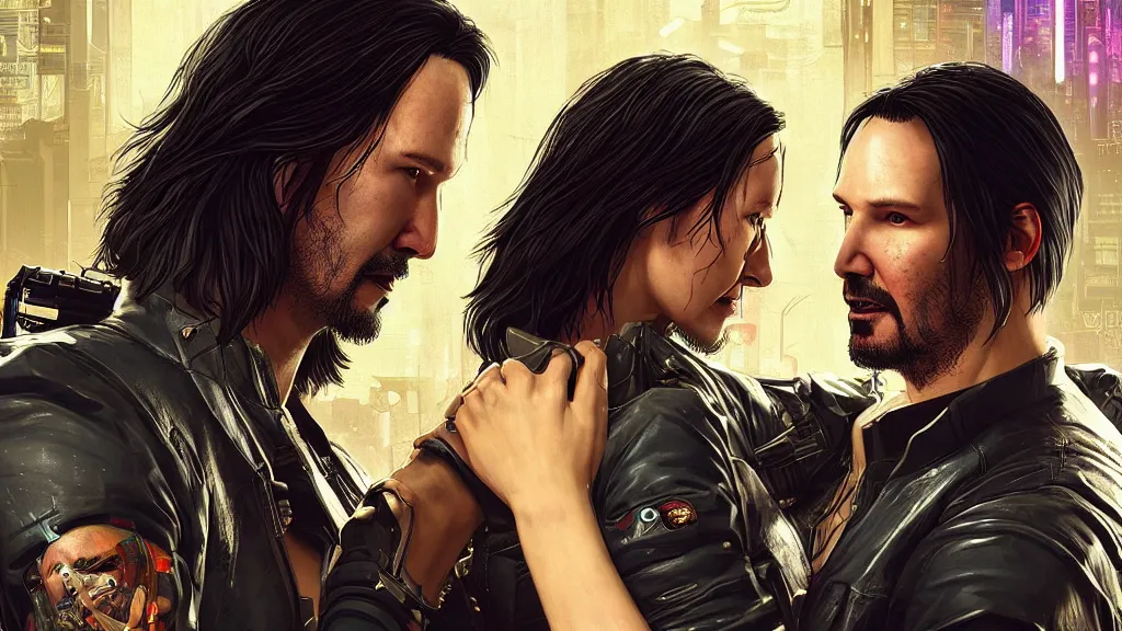 Image similar to a cyberpunk 2077 srcreenshot couple portrait of Keanu Reeves and V final kiss,love,film lighting,by Laurie Greasley,Lawrence Alma-Tadema,Andrei Riabovitchev,Dan Mumford,John Wick,Speed,Replicas,artstation,deviantart,FAN ART,full of color,Digital painting,face enhance,highly detailed,8K,octane,golden ratio,cinematic lighting