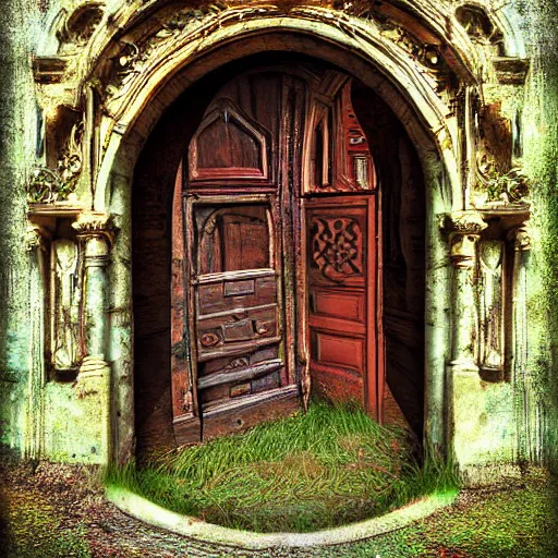 Prompt: Meadow. Ornate doorway with a portal to another dimension. Mixed media, Digital Art and AF-S NIKKOR 10-200mm F2.8G ED