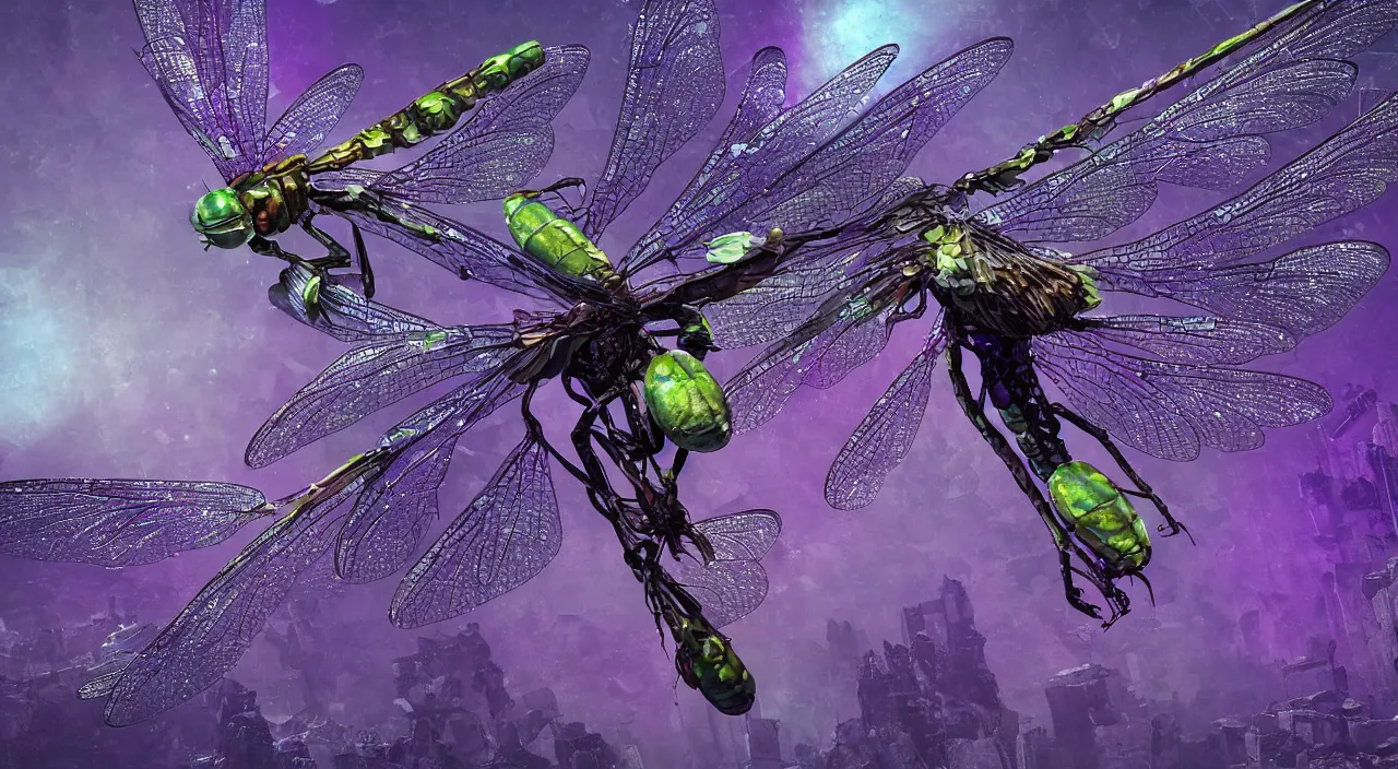 Image similar to a hi - resolution nature photograph of a dragonfly with wings made out of amethyst, flying over a cyber punk dystopian city. extremely detailed, mandelbulb 3 d, cinematic lighting