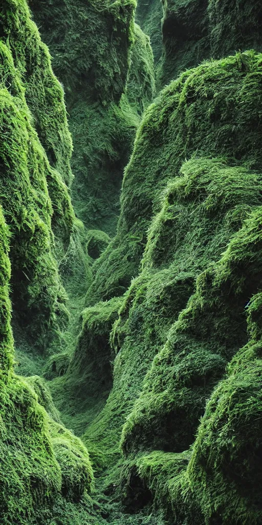 Prompt: a fertile, lush mossy canyon, minimalist structure, covered in ice, in the style of reuben wu, roger deakins