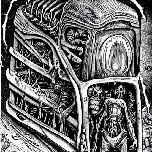 Prompt: an evil, horrific, cosmic, grotesque school bus full of tortured souls. it is traveling down the highway to hell. h. r. giger, h. p lovecraft, surrealism, highly detailed