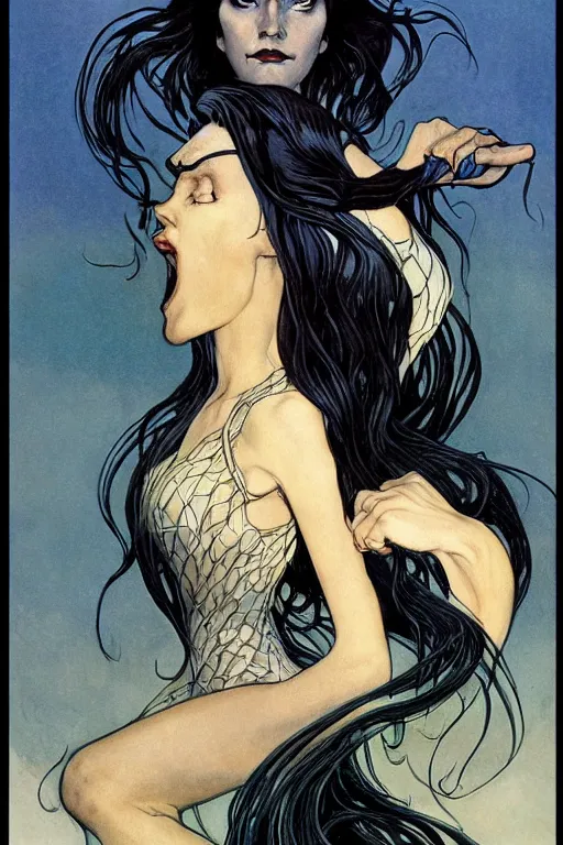 Prompt: dark evil mermaid with long flowing hair, by N.C. Wyeth, j.c. leyendecker, Bernie Wrightson, face by Otto Schmidt