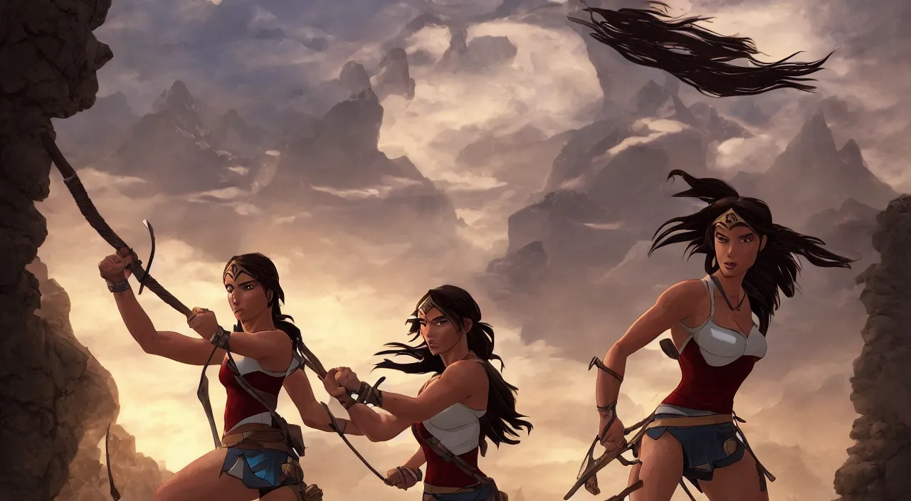 Image similar to A beautiful ultradetailed cartoon of Lara Croft holding hands with Wonder Woman, 4k, Raphael Lacoste, by Rossdraws and Bluesssatan and Mandy Jurgens and Stjepan Sejic, Legend of Korra, Tomb Raider, fanart, trending on artstation, highly detailed, soft lighting 8k resolution, dramatic lighting, unreal engine 5