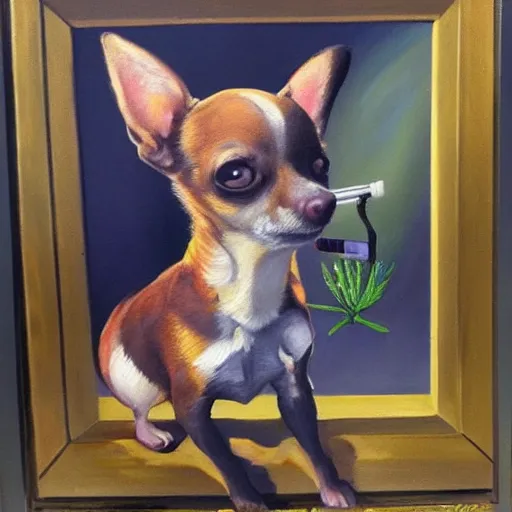 Image similar to a painting of a chihuahua smoking weed in an office