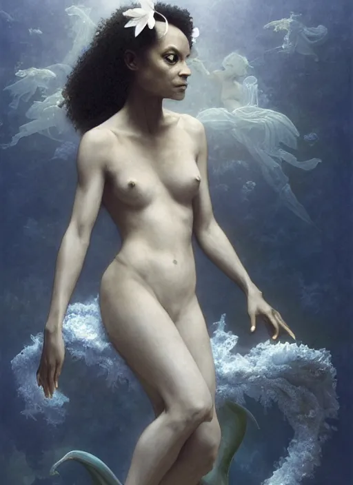 Prompt: dramatic upper body portrait of Thandie Newton as a dark-skinned la sirene Haitian mermaid goddess by Ruan Jia and Mandy Jurgens and Artgerm and william-adolphe bouguereau, underwater, white sheer fabric, white lilies, shells, mirrors, marvel comics, intricate, highly detailed, smooth, artstation, digital illustration by julie bell and Ruan Jia and Mandy Jurgens and Artgerm and William Adolphe Bouguereau and John Collier and Greg Rutkowski and Frank Frazetta