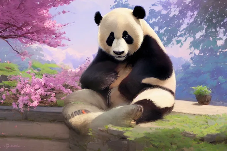 Prompt: panda chilling smoking weed, sakura trees, sakura season dynamic lighting, landscape, artwork by jeremy lipkin and giuseppe dangelico pino and michael garmash and rob rey and greg manchess and huang guangjian and makoto shinkai, pixiv, 1 0 0 mm