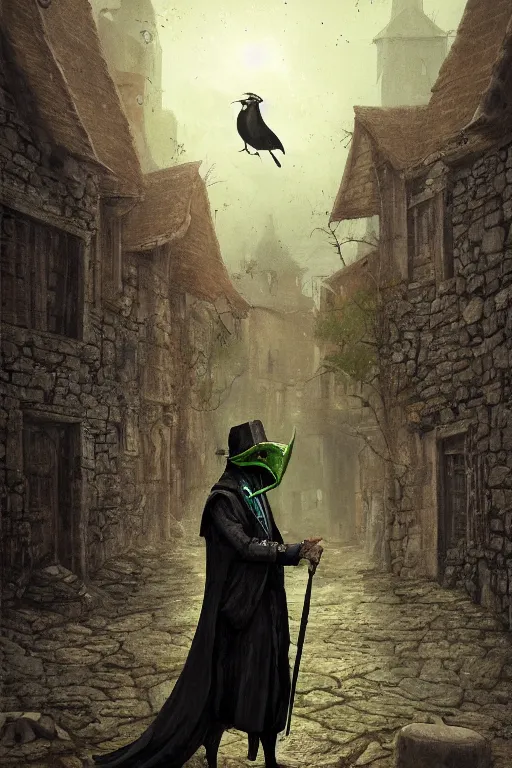 Image similar to A fancy portrait of a green Plague Doctor with a beak like mask on in a medieval village filled with toxic fumes by Greg Rutkowski, Sung Choi, Mitchell Mohrhauser, Maciej Kuciara, Johnson Ting, Maxim Verehin, Bloodborne, 8k photorealistic, volumetric lighting, HD, high details, dramatic, dark atmosphere, trending on artstation