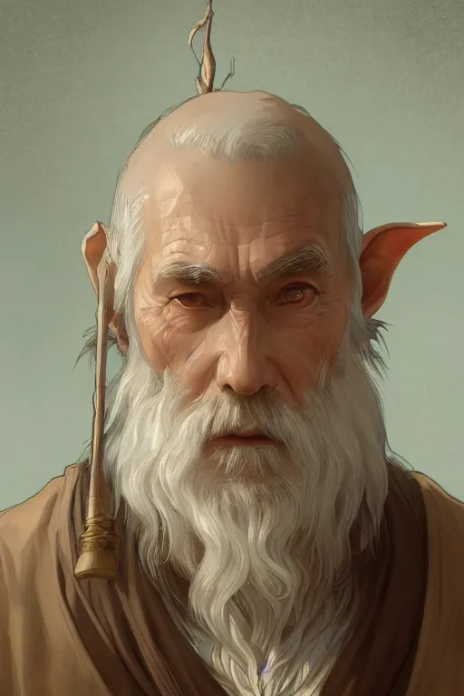 Image similar to a highly detailed portrait painting of an elderly healer elf male, long white beard, long elf ears, asian decent, by greg rutkowski and alphonse mucha, sharp focus, matte, concept art, artstation, digital painting