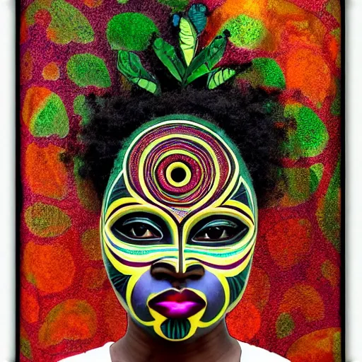 Prompt: Art in the style of Octavia Ocampo, Gaia, Mother Earth, side portrait, tribal mask inside mask, afrocentric mysticism