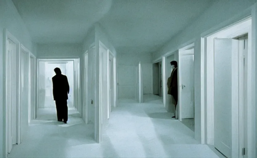 Image similar to White Backrooms in the shining by stanley kubrick, shot by 35mm film color photography