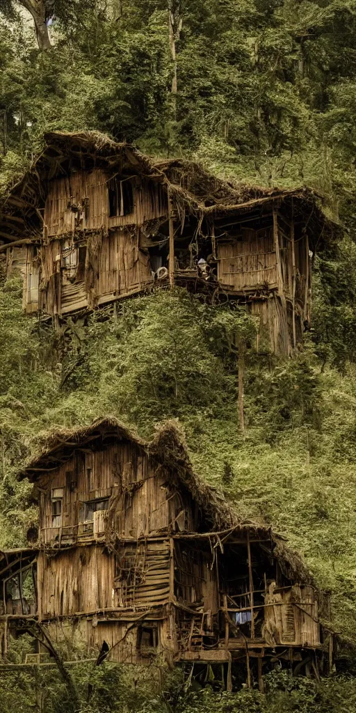 Image similar to a cinematic movie shot of a rustic multi-story ramshackle hut in the magical forest