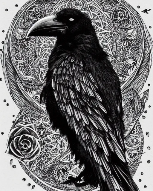 Image similar to mystical raven, black ink on paper, trending on artstation, beautiful, intricate, detailed