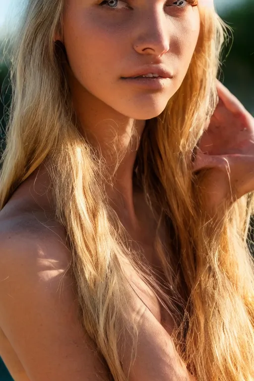 Prompt: olive skinned blonde female model in her twenties, wearing a sundress, looking content, focused on her neck, photo realistic, extreme detail skin, natural beauty, no filter, slr, golden hour, 4 k, high definition, selfie