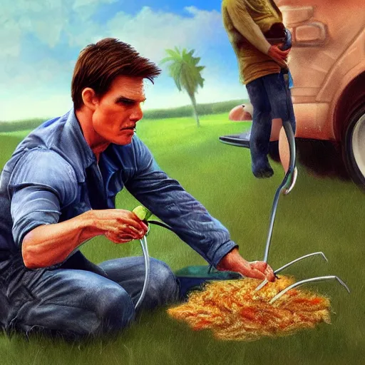 Image similar to tom cruise planting fries in the ground, digital art, highly - detailed, artstation cgsociety masterpiece