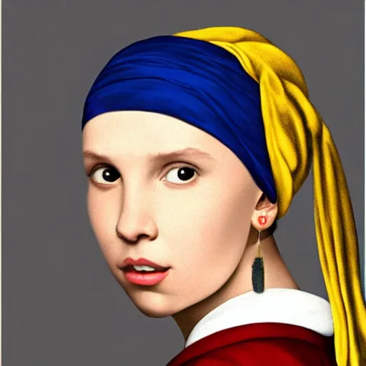 Image similar to Millie Bobby Brown with a pearl earring by Johannes Vermeer